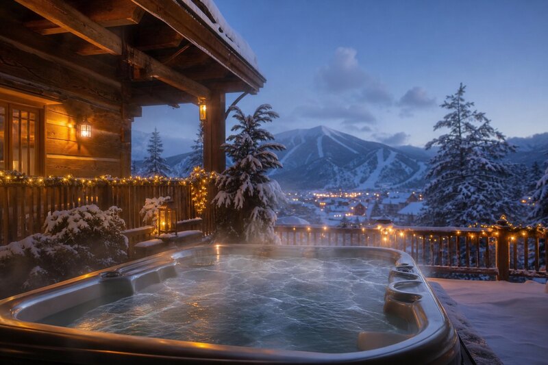 Outdoor hot tub at a snowy Leavenworth cabin after skiing