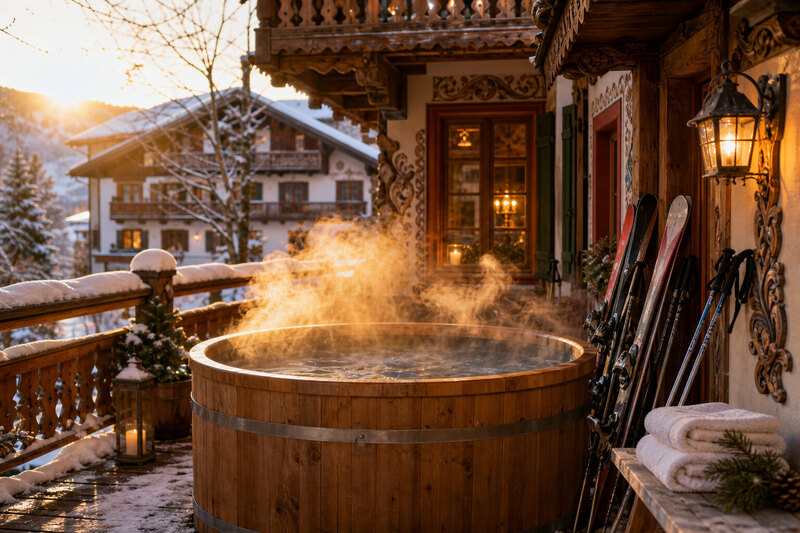 Outdoor hot tub at a snowy Leavenworth cabin after skiing