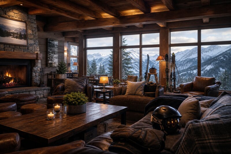 Cozy Leavenworth lodge lounge with fireplace and ski gear