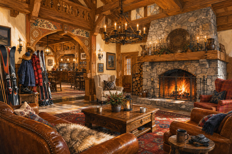 Cozy Leavenworth lodge lounge with fireplace and ski gear