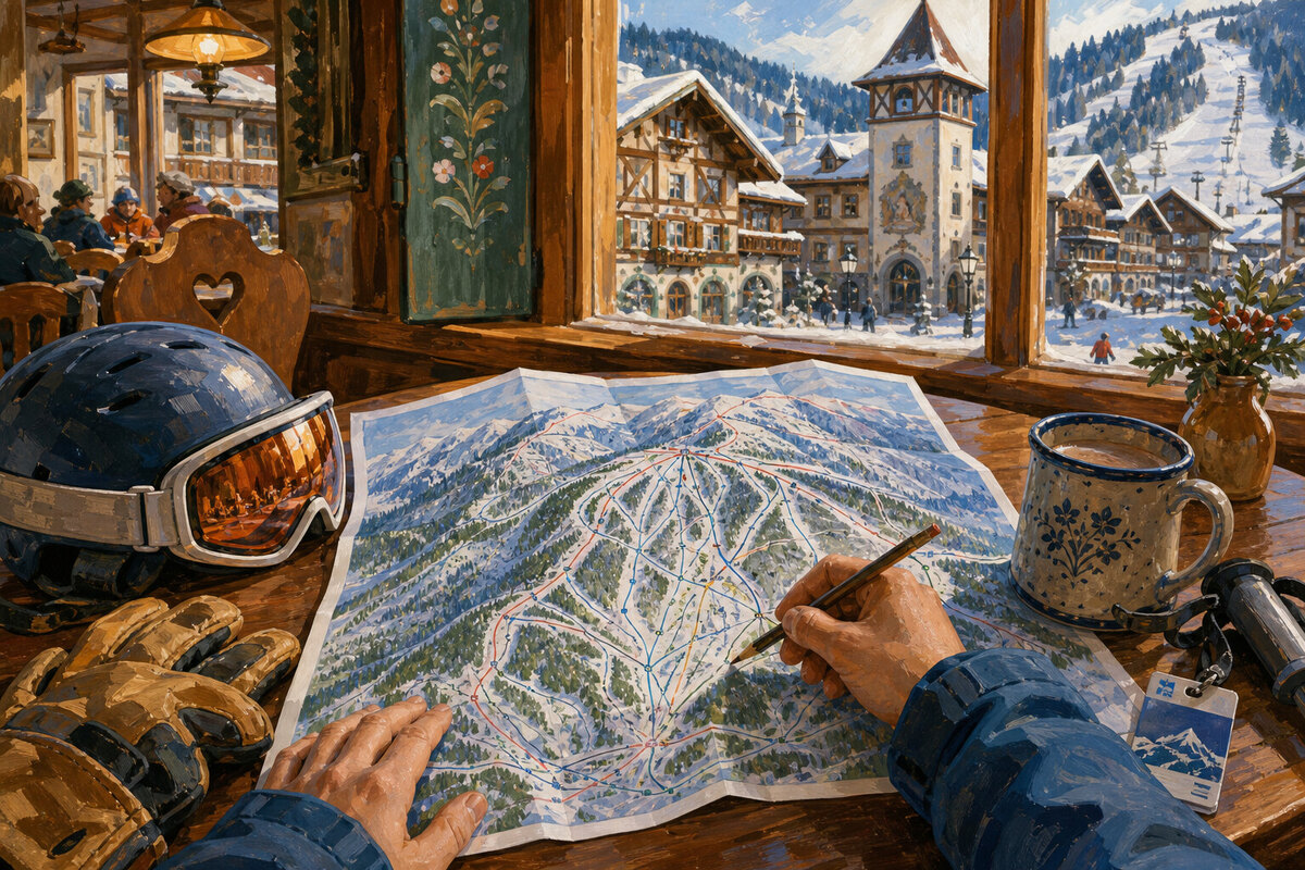 Hands planning a Stevens Pass ski day with a trail map
