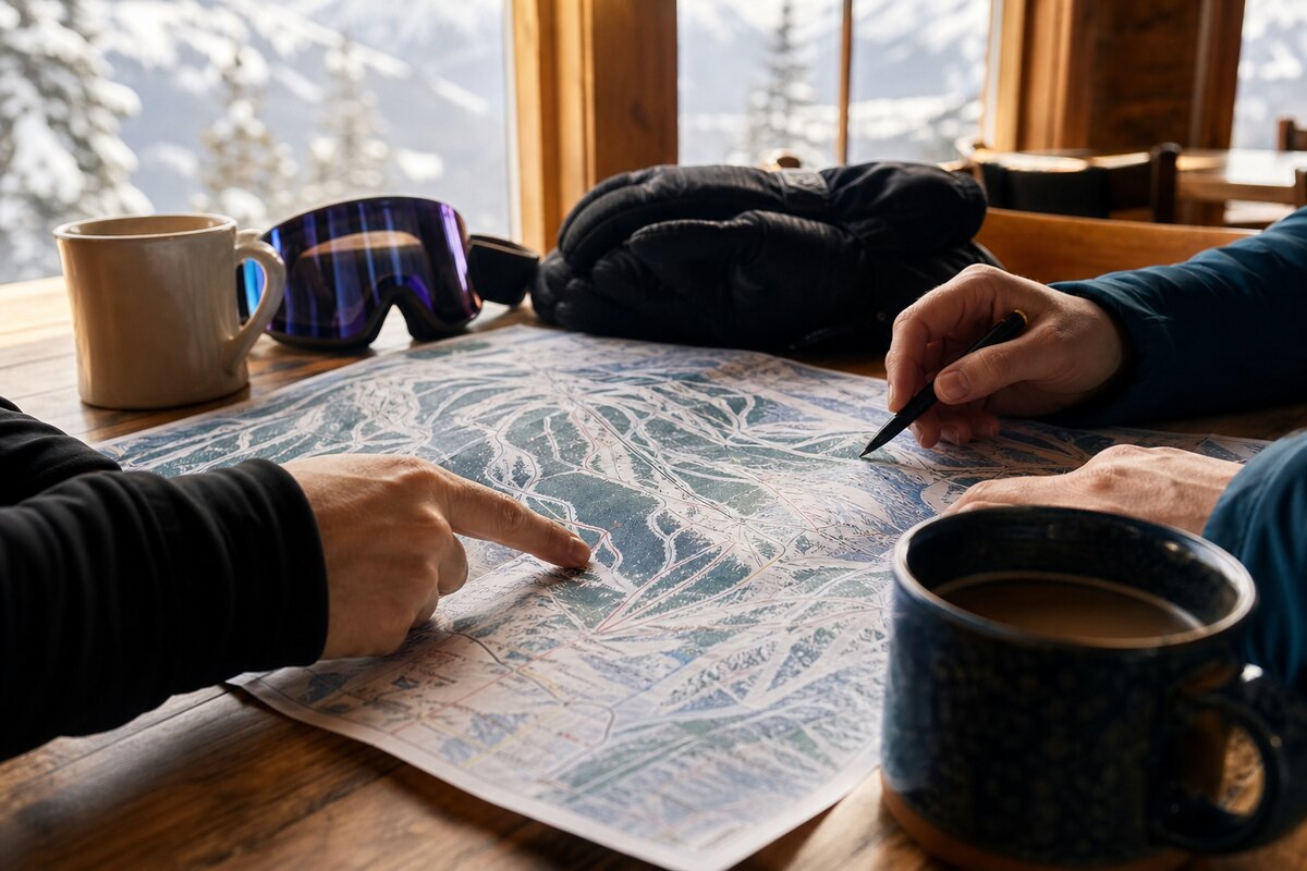 Hands planning a Stevens Pass ski day with a trail map