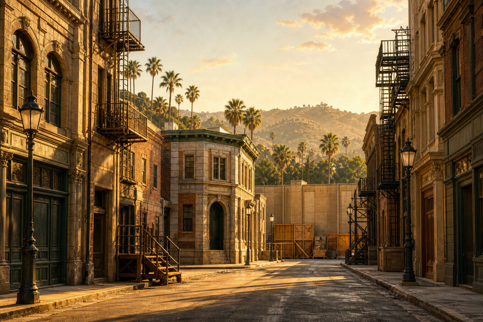 Film-studio backlot street in Los Angeles at golden hour