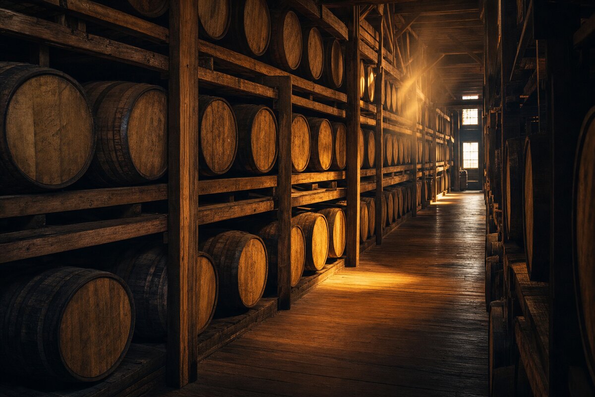 Rows of aging bourbon barrels inside a Kentucky rickhouse