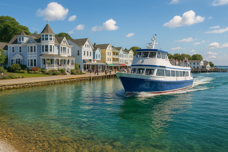Ferry arrival at Mackinac Island harbor
