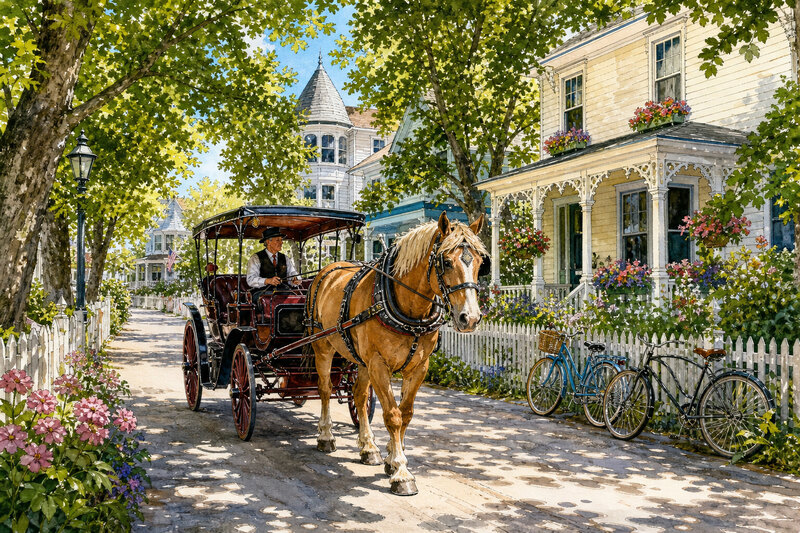 Horse-drawn carriage on a wooded Mackinac Island road