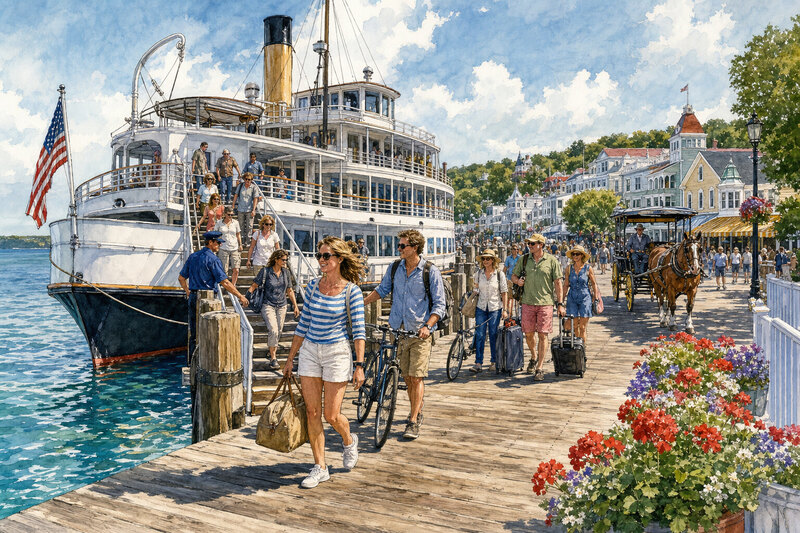 Contextual watercolor of passengers arriving at Mackinac Island by ferry with luggage and bicycles