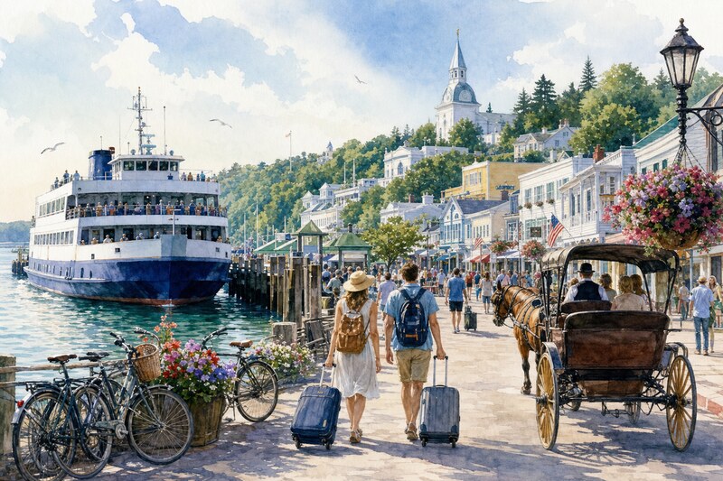 Illustrated Mackinac Island ferry arrival with bikes, luggage, and a horse carriage near the harbor