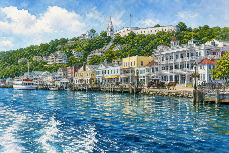 Illustrated Mackinac Island sequence with ferry arrival, carriage transfer, porch time, and shoreline outing