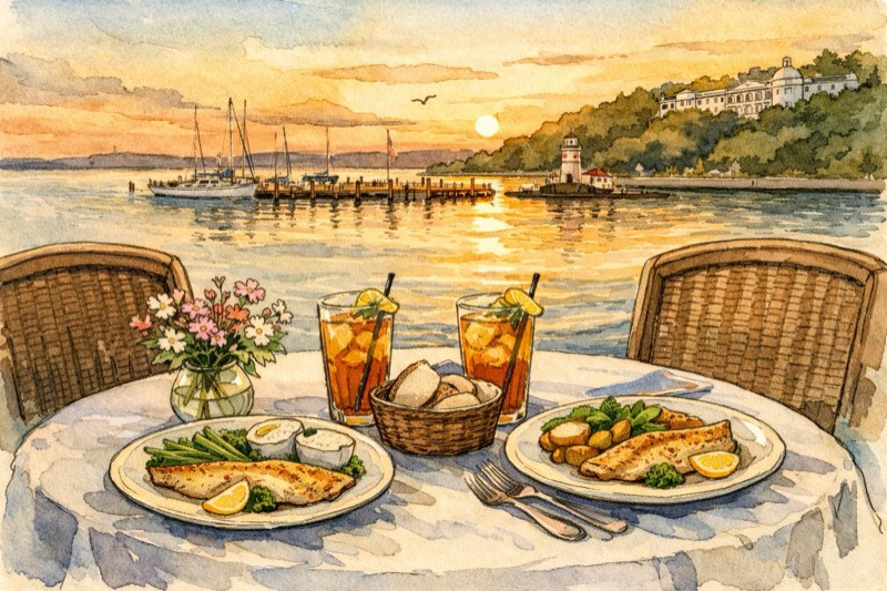 Watercolor lakeside dinner table on Mackinac Island