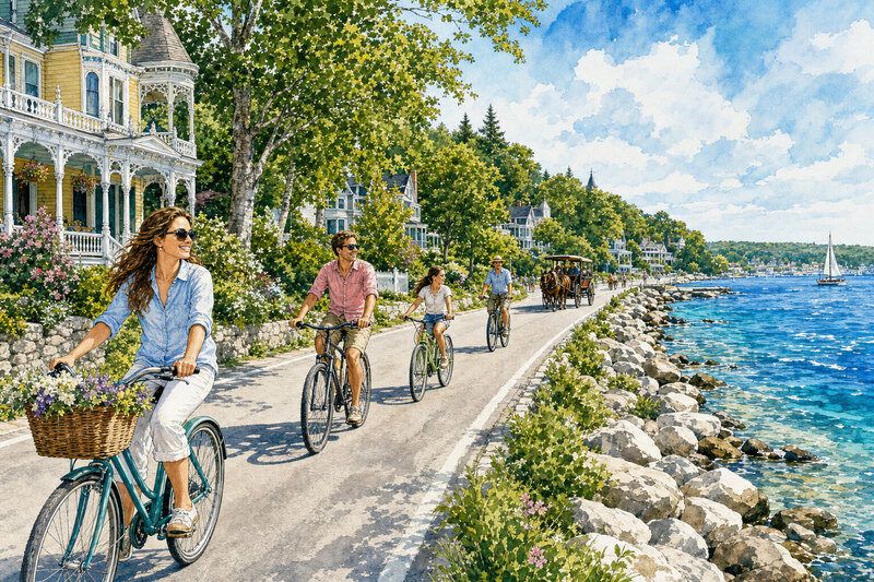 Watercolor cyclists on Mackinac Island's shoreline road