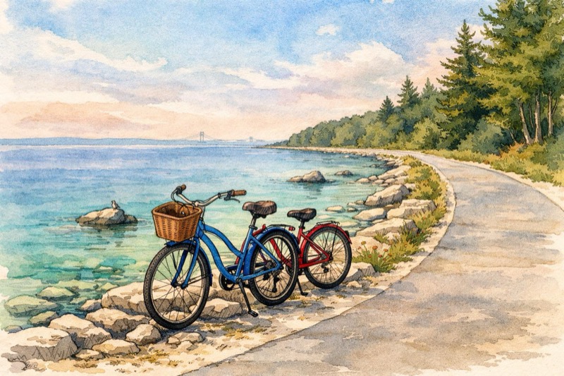 Cyclists riding Mackinac Island shoreline road