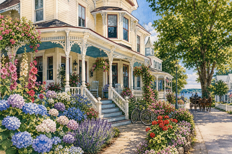 Quiet Victorian inn porch on Mackinac Island