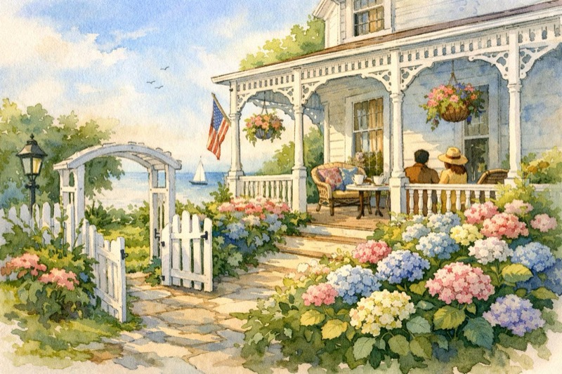 Quiet Victorian inn porch on Mackinac Island
