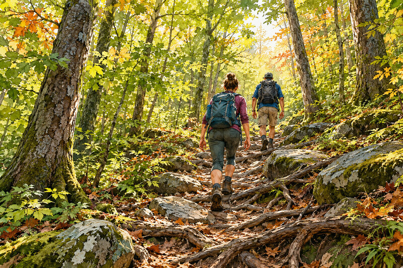Contextual hikers overlooking the Green Mountains from an Equinox Preserve-style trail