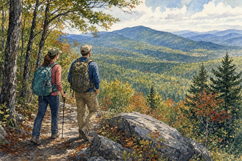 Contextual hikers overlooking the Green Mountains from an Equinox Preserve-style trail