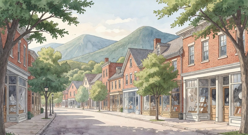 Manchester village streetscape with storefronts and mountain backdrop