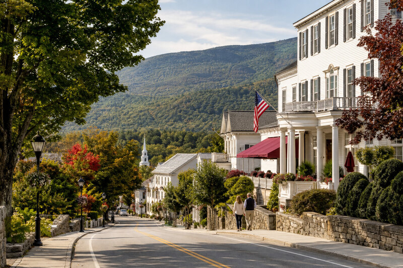 Manchester Center shops with mountain backdrop