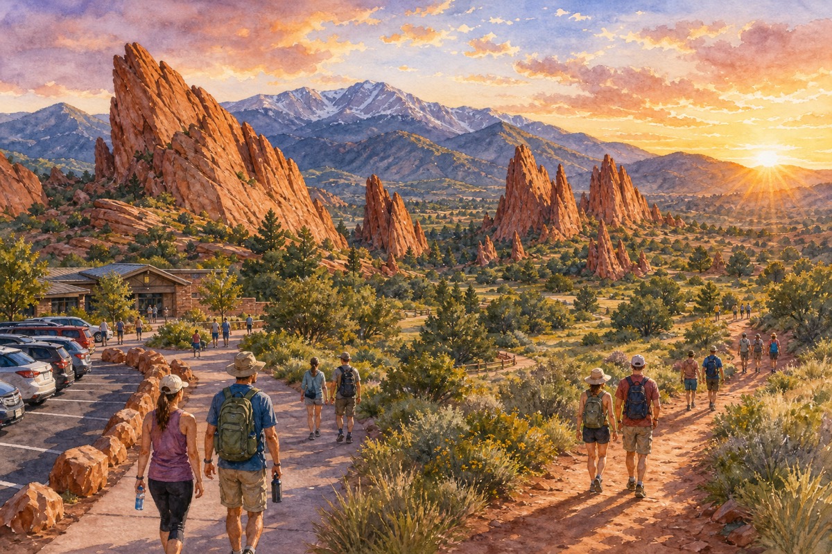 Watercolor illustration of Garden of the Gods morning timing, parking, and trails