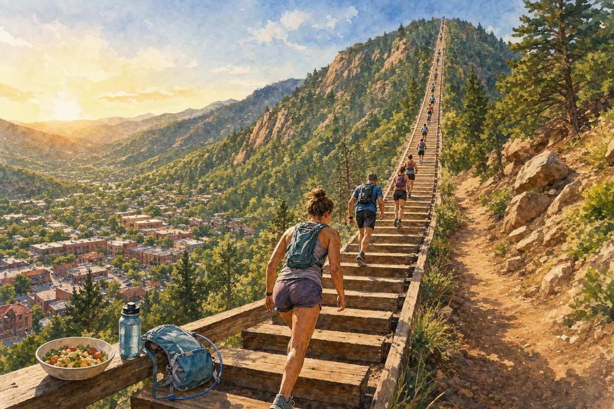 Watercolor illustration of Manitou Incline pacing, water, bailout, and recovery