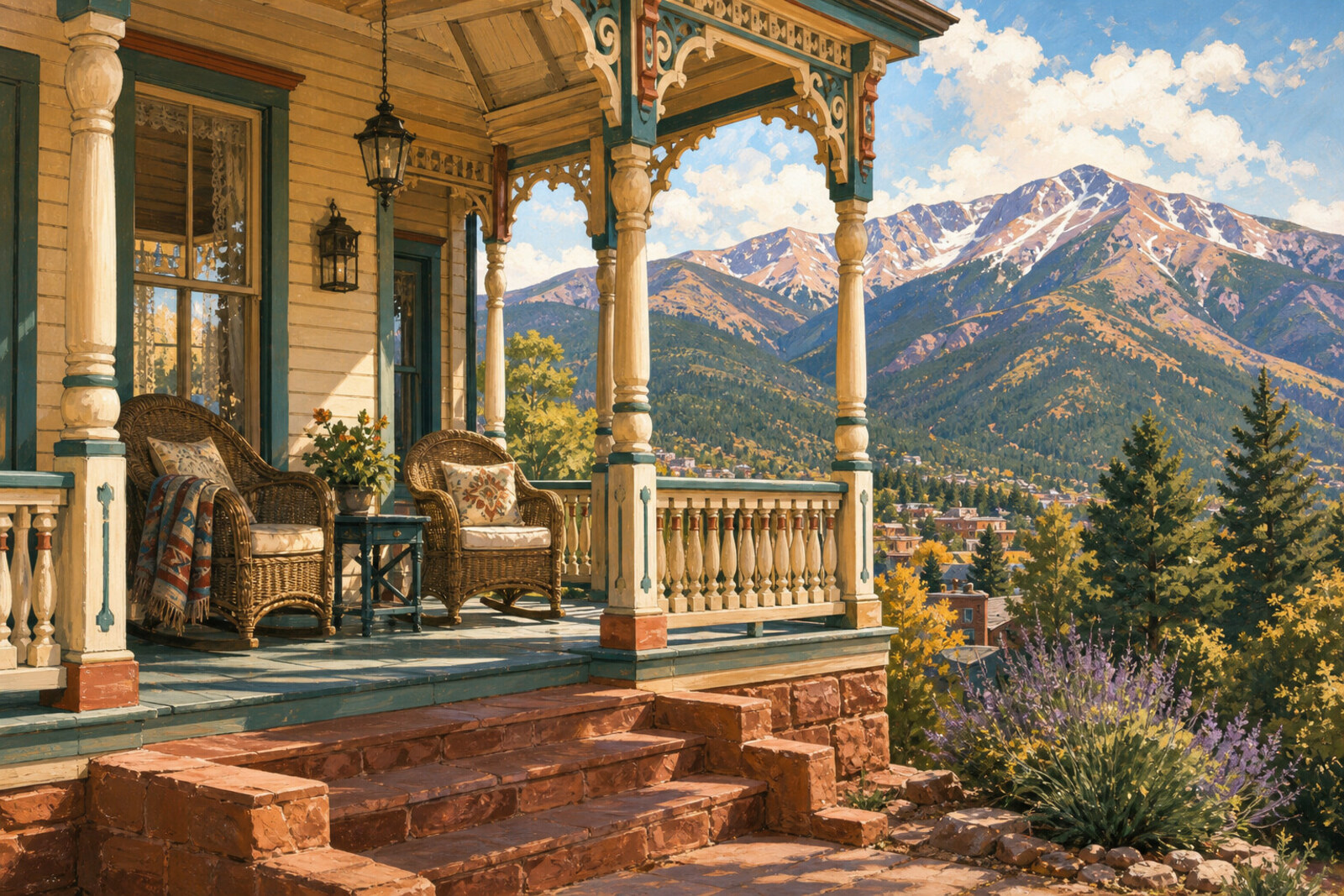 Contextual view of a Victorian porch in the Manitou Springs foothills