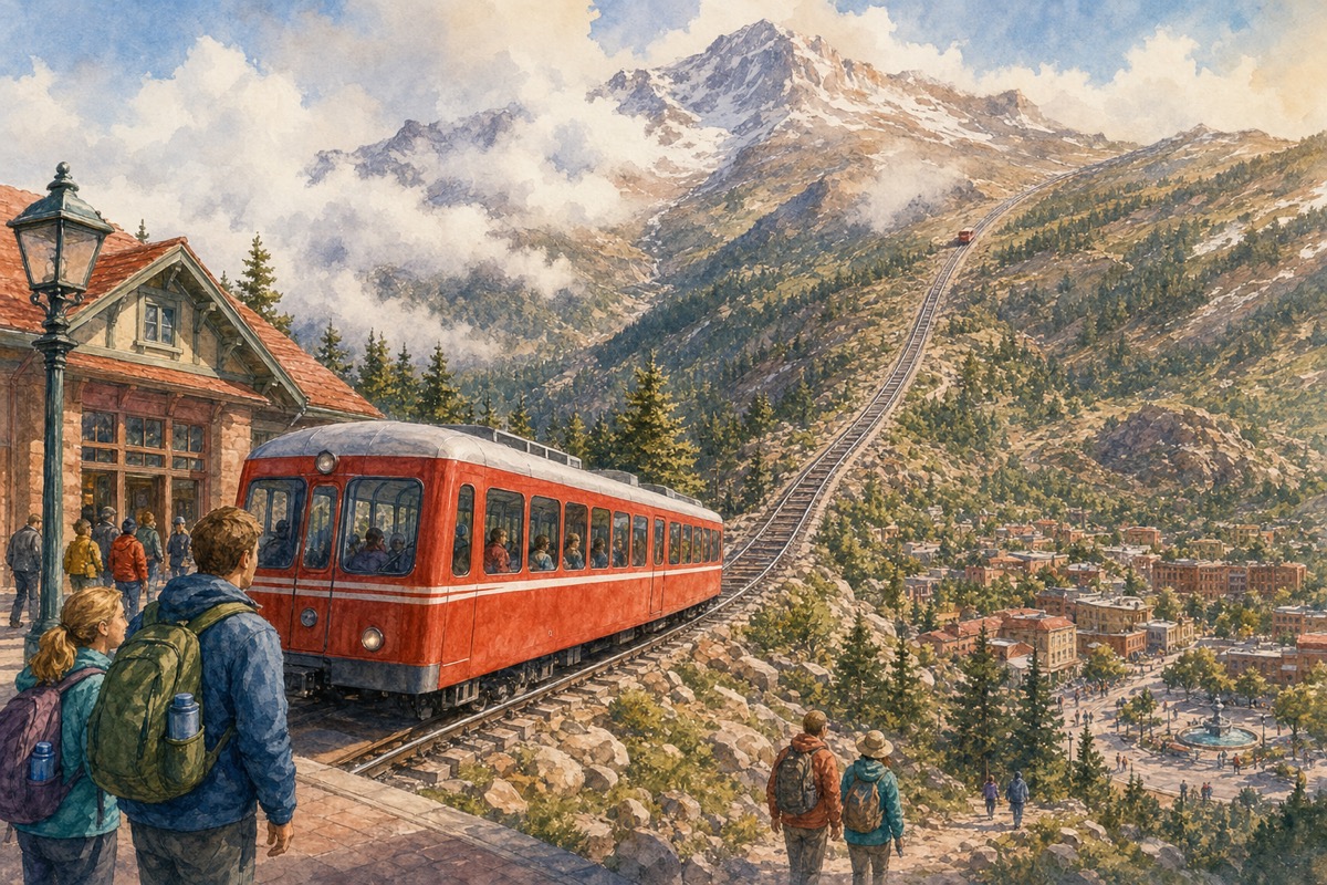 Watercolor illustration of Pikes Peak Cog Railway departure, altitude layers, and Manitou return