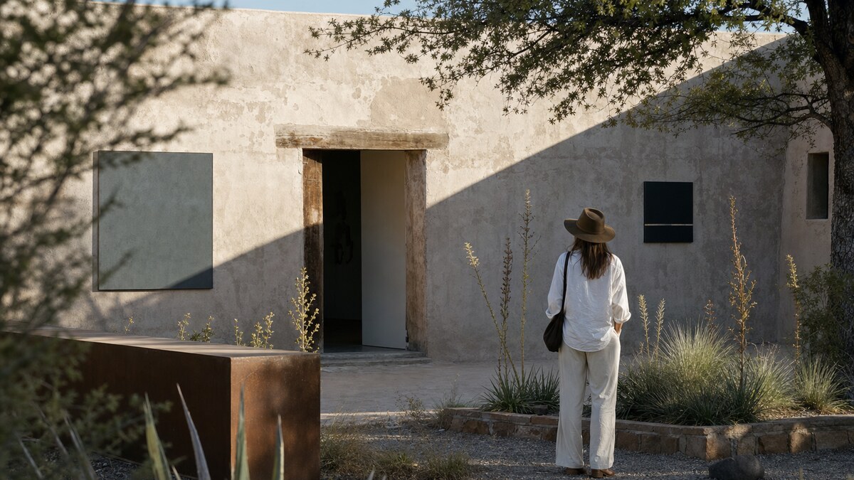 Gallery doorway and adobe wall in sharp Marfa light