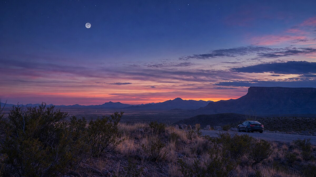 Painterly open ranchland and distant mountains outside Marfa at night