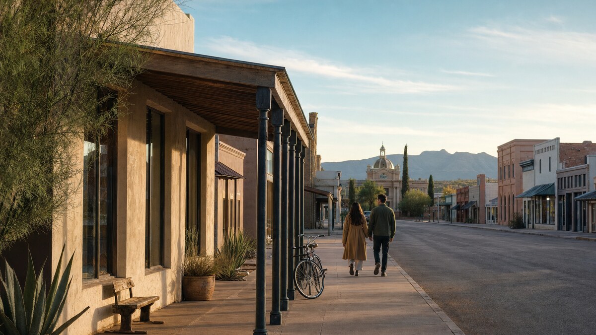 Downtown Marfa storefronts near restaurants at evening