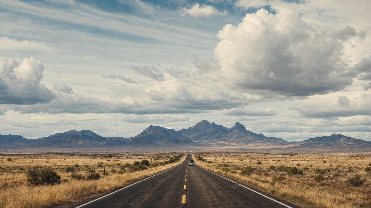 Long West Texas highway crossing open desert toward distant mountains