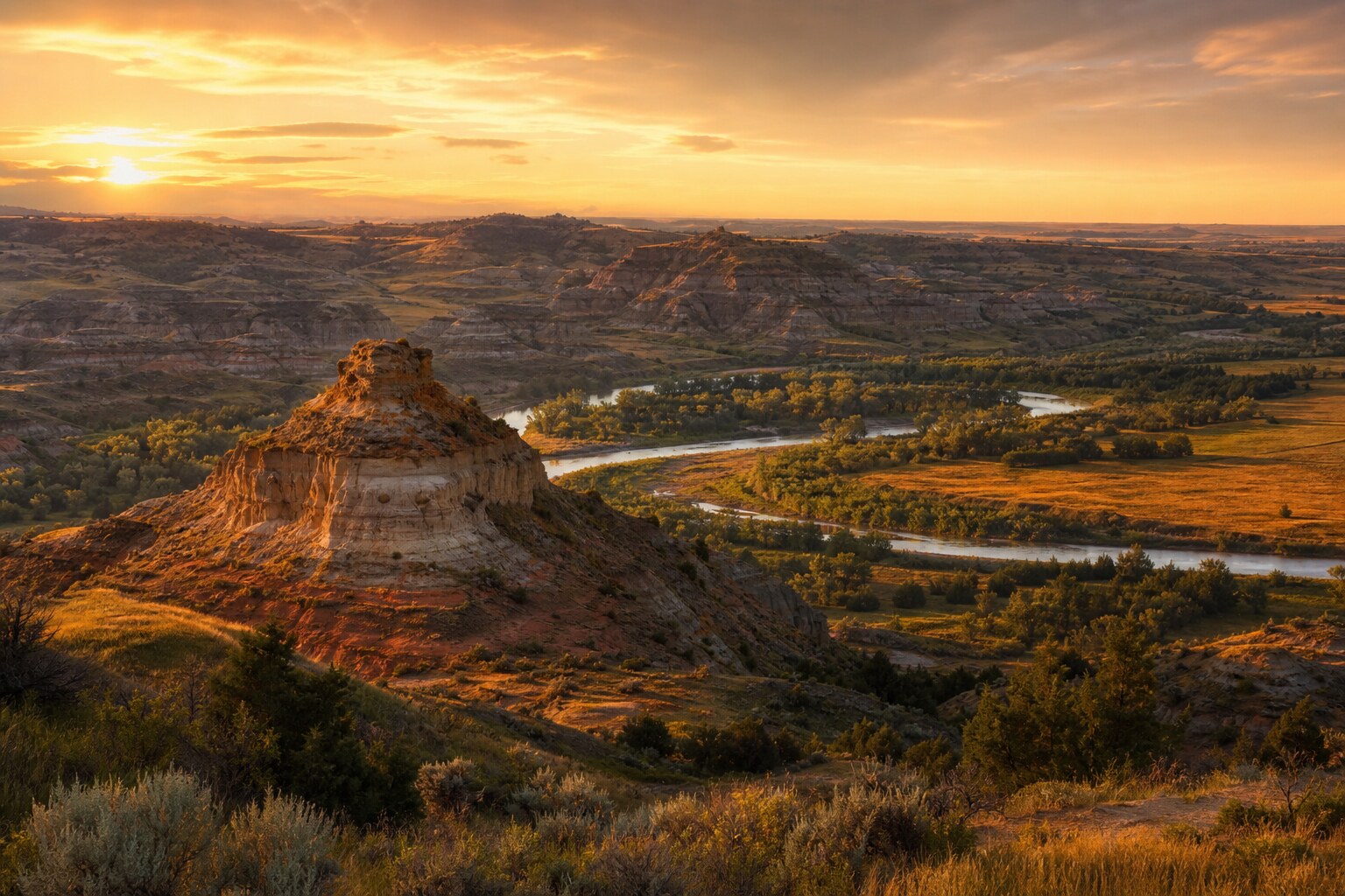 Golden badlands landscape near Medora North Dakota