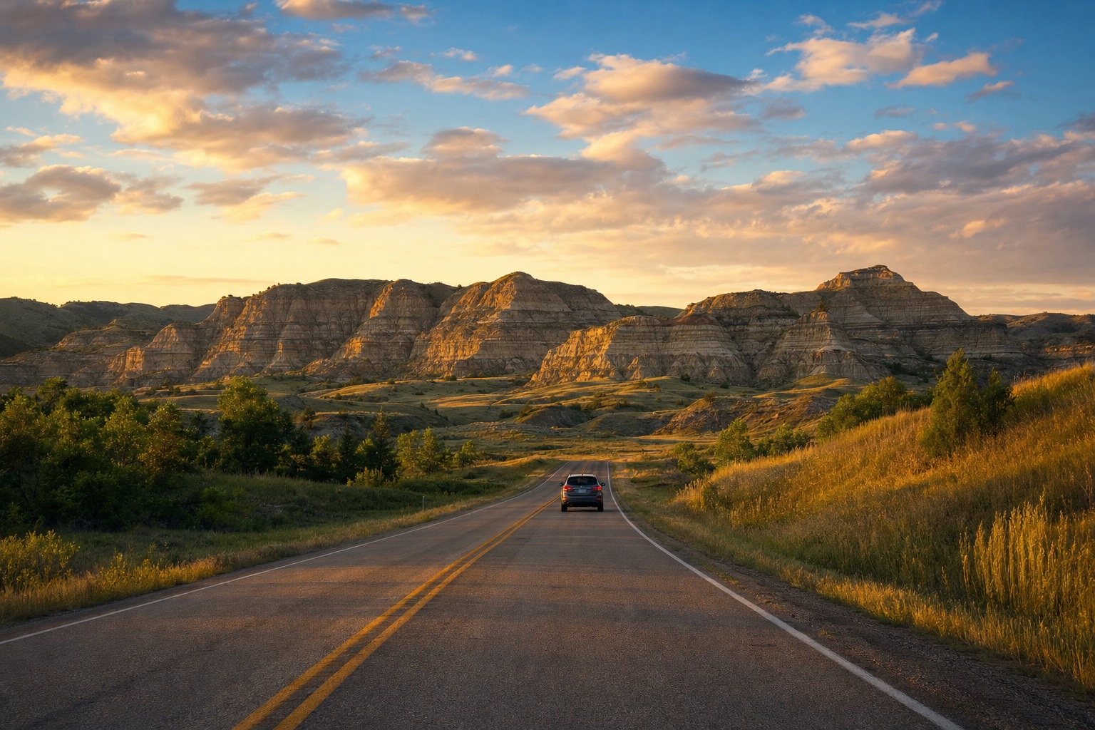 Contextual road approach to Medora through the North Dakota Badlands