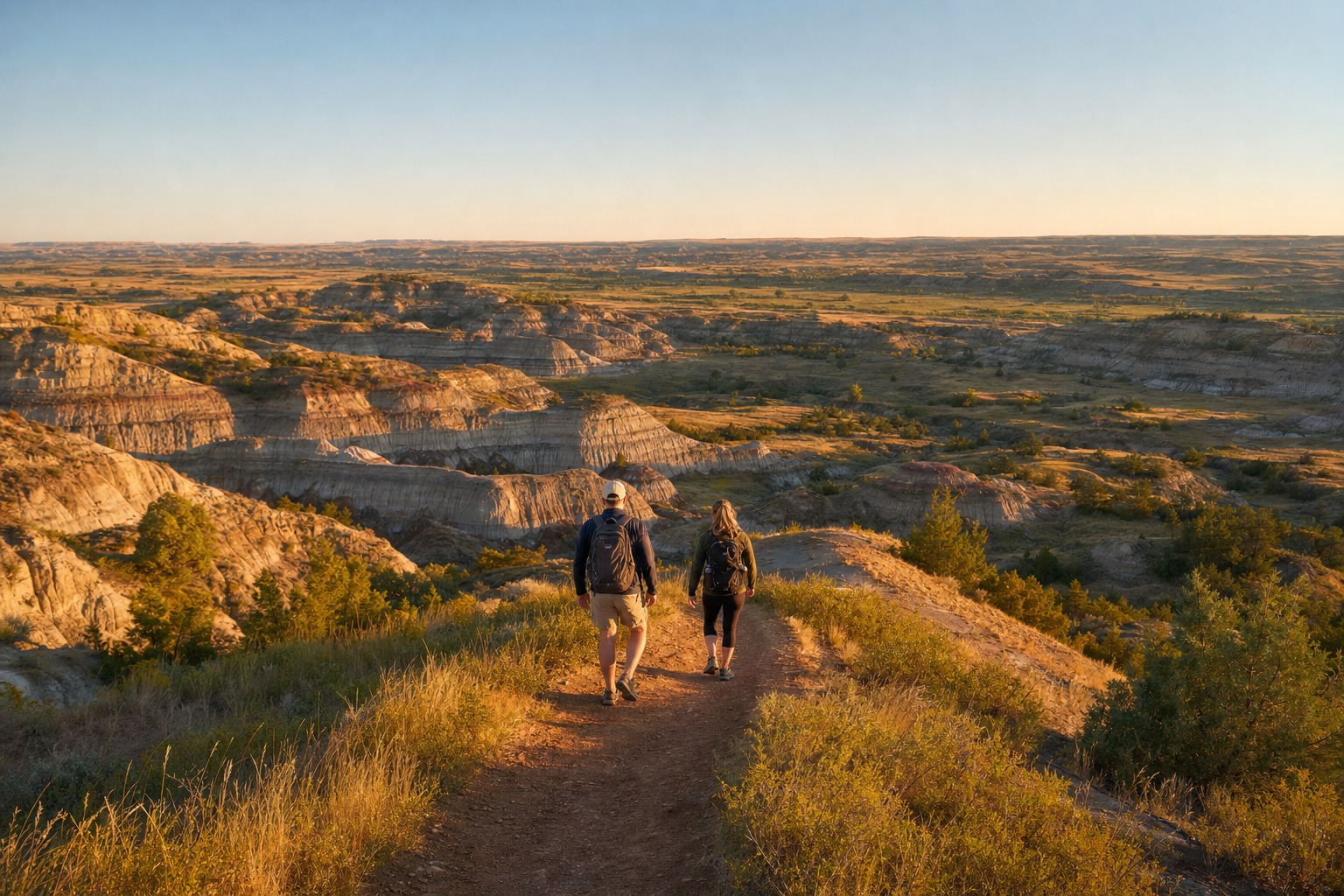 Contextual hikers overlooking the Badlands near Medora