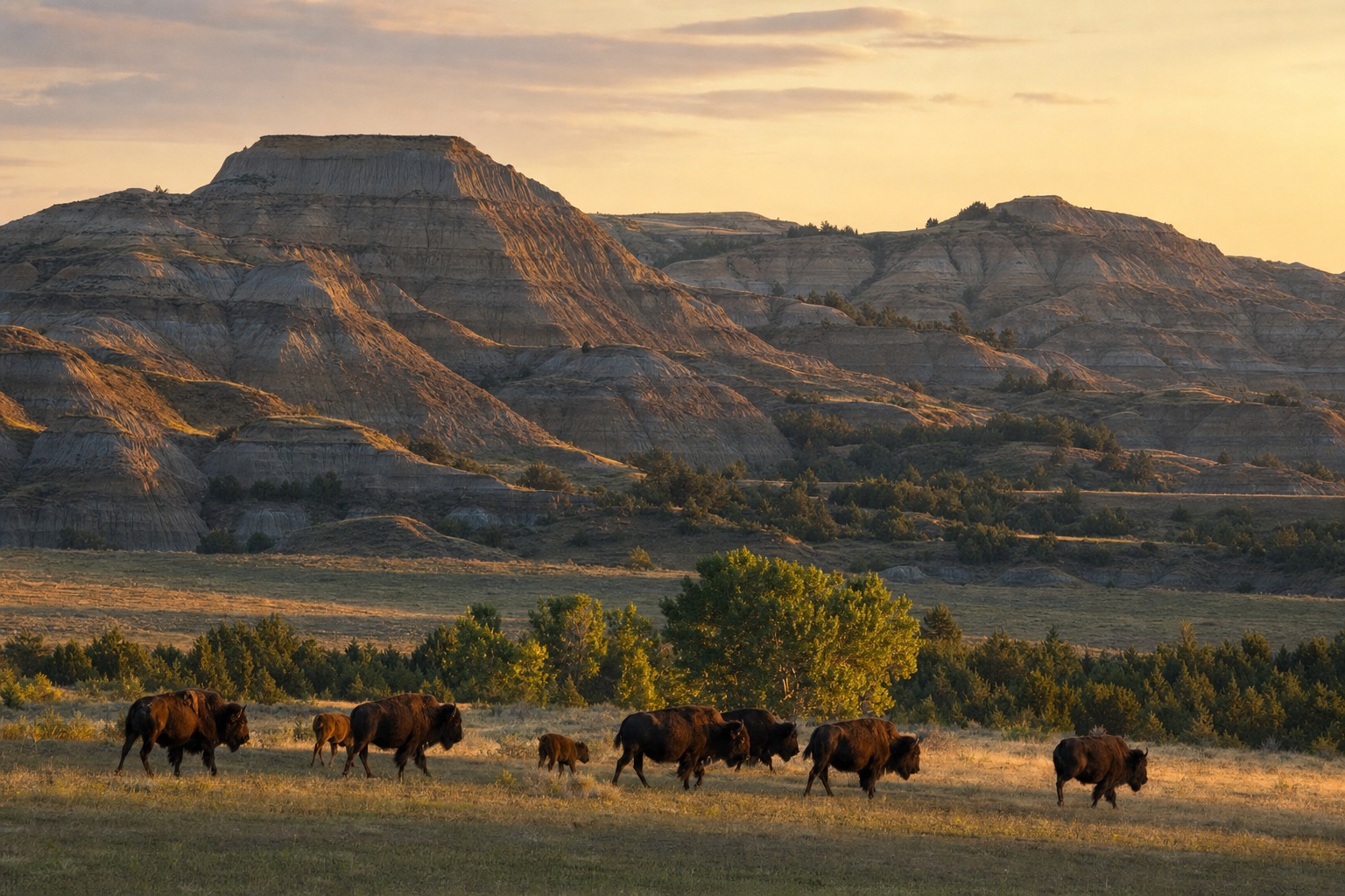Contextual bison herd in Theodore Roosevelt National Park-style Badlands