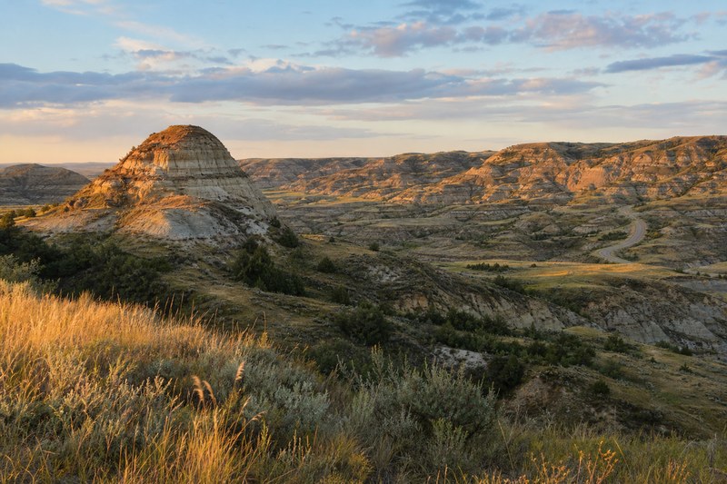 Badlands buttes and prairie light in Theodore Roosevelt National Park