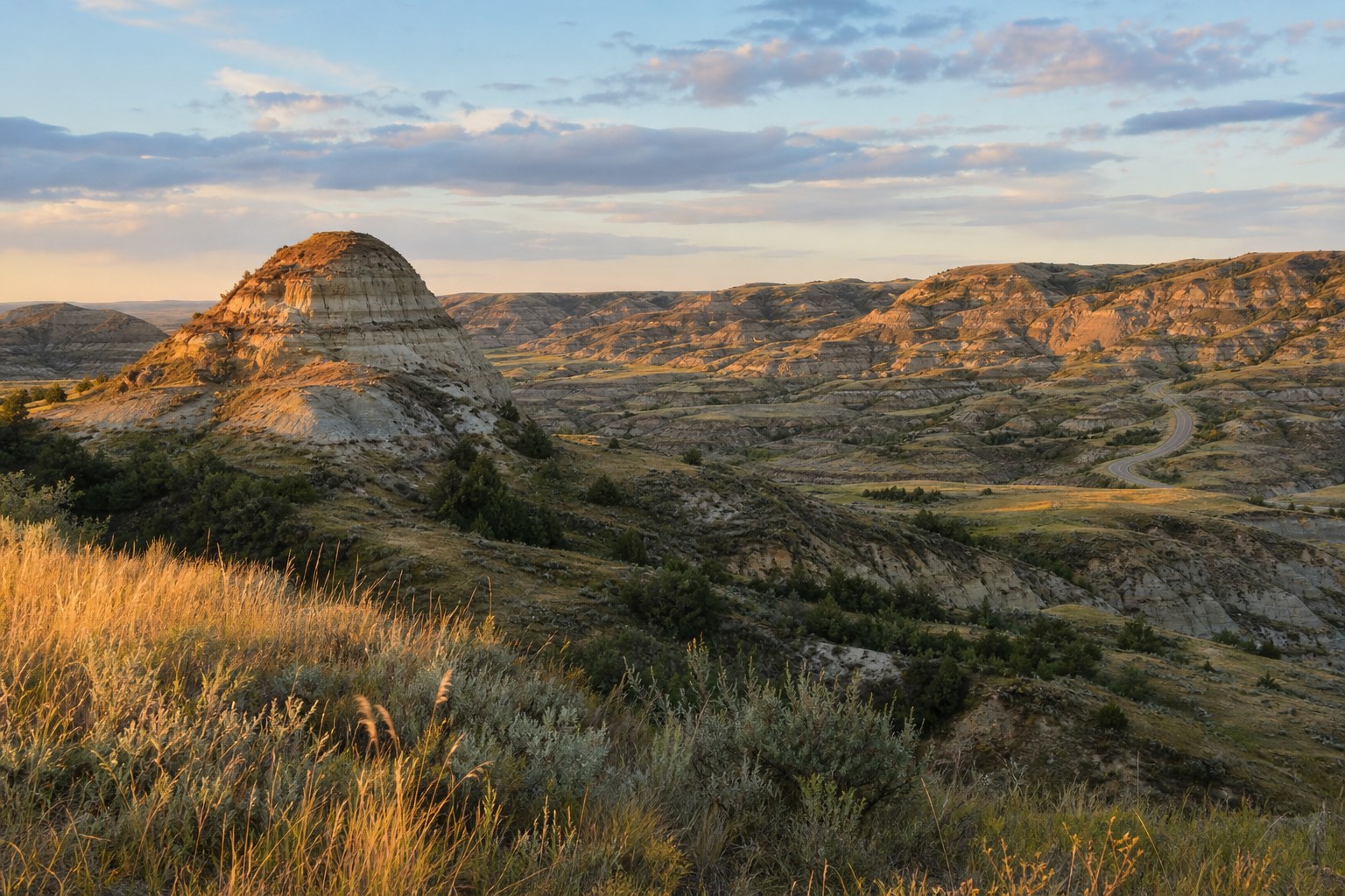 Badlands buttes and prairie light in Theodore Roosevelt National Park