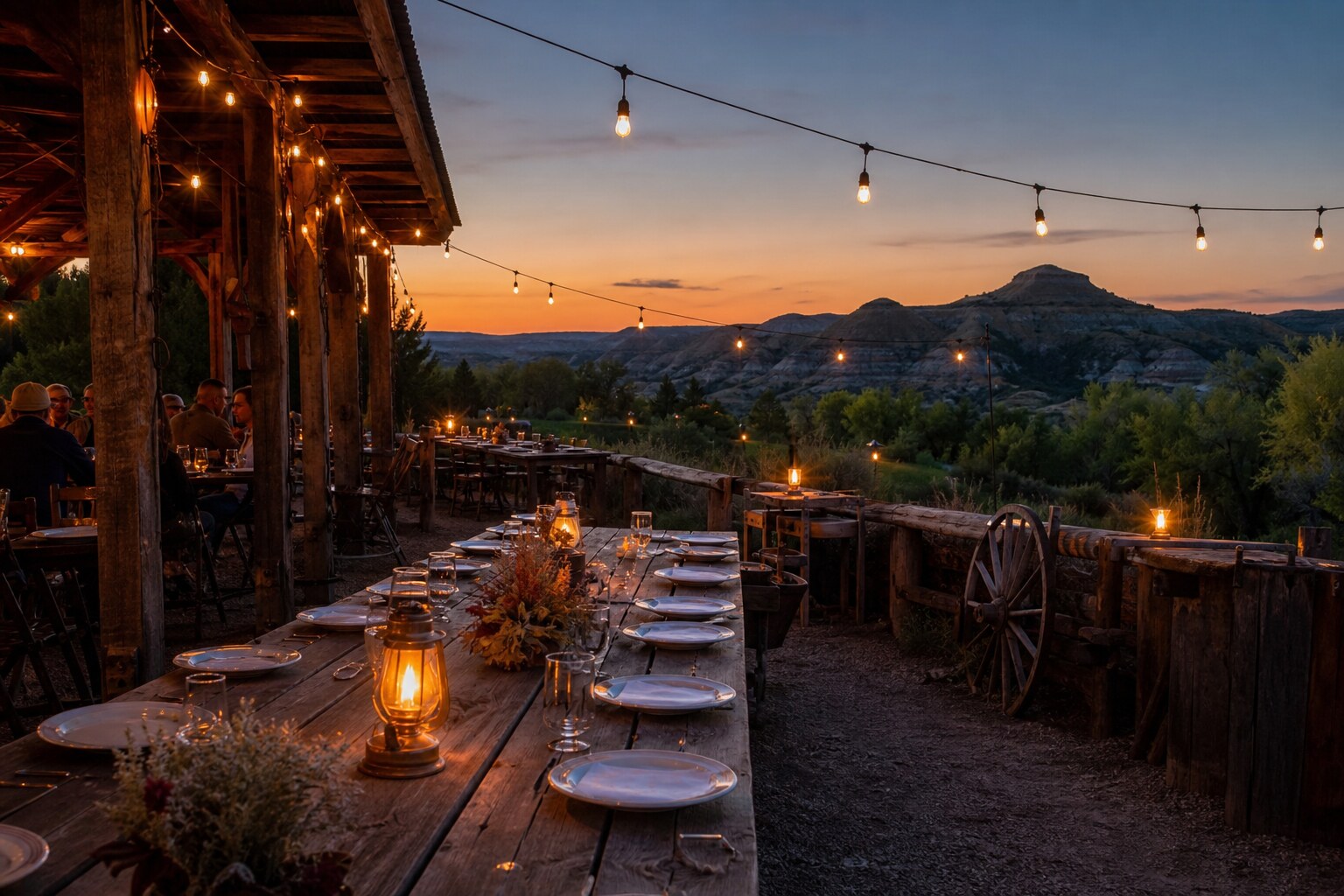 Western dinner patio near Medora at dusk