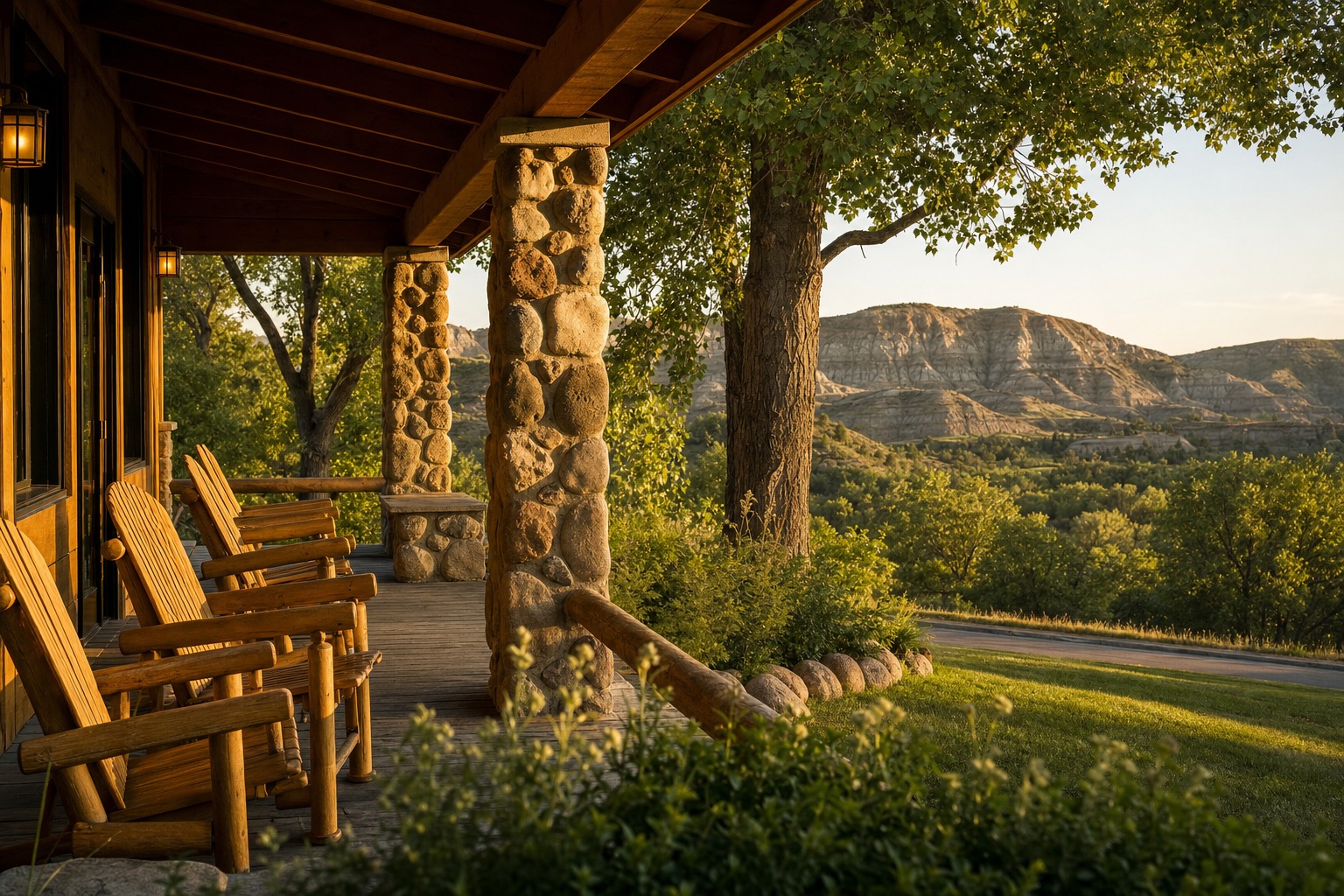 Contextual western inn porch overlooking the Badlands near Medora