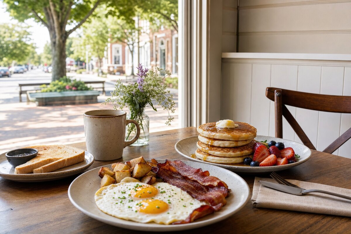 Contextual cafe breakfast in a small Delaware town