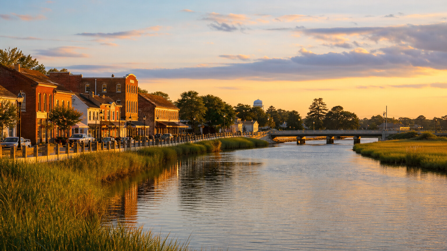 Mispillion River and downtown Milford Delaware at golden hour