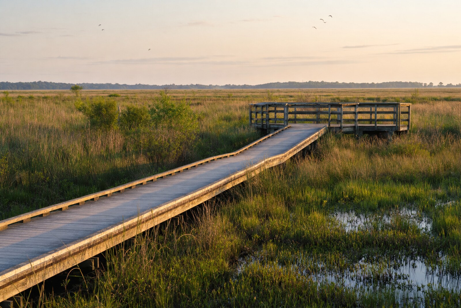 Contextual marsh boardwalk and observation platform near Milford