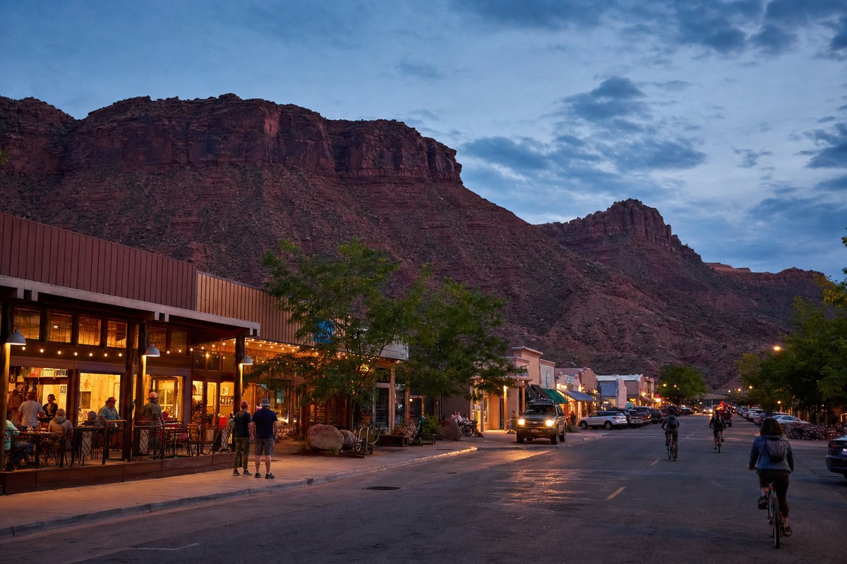 Moab Main Street at the end of a red-rock day