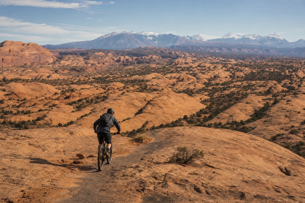 Mountain biker on Moab slickrock with open desert space