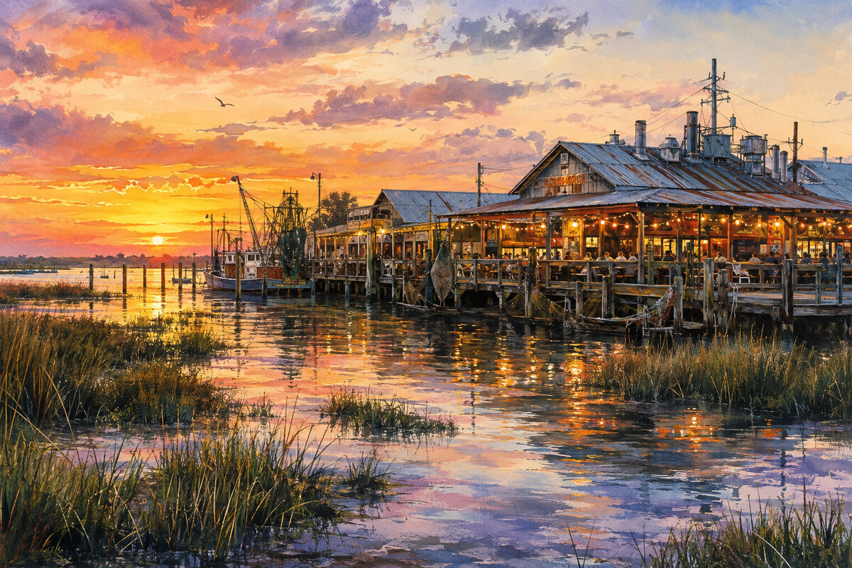 Painterly Mobile Bay Causeway and wetland water at sunset