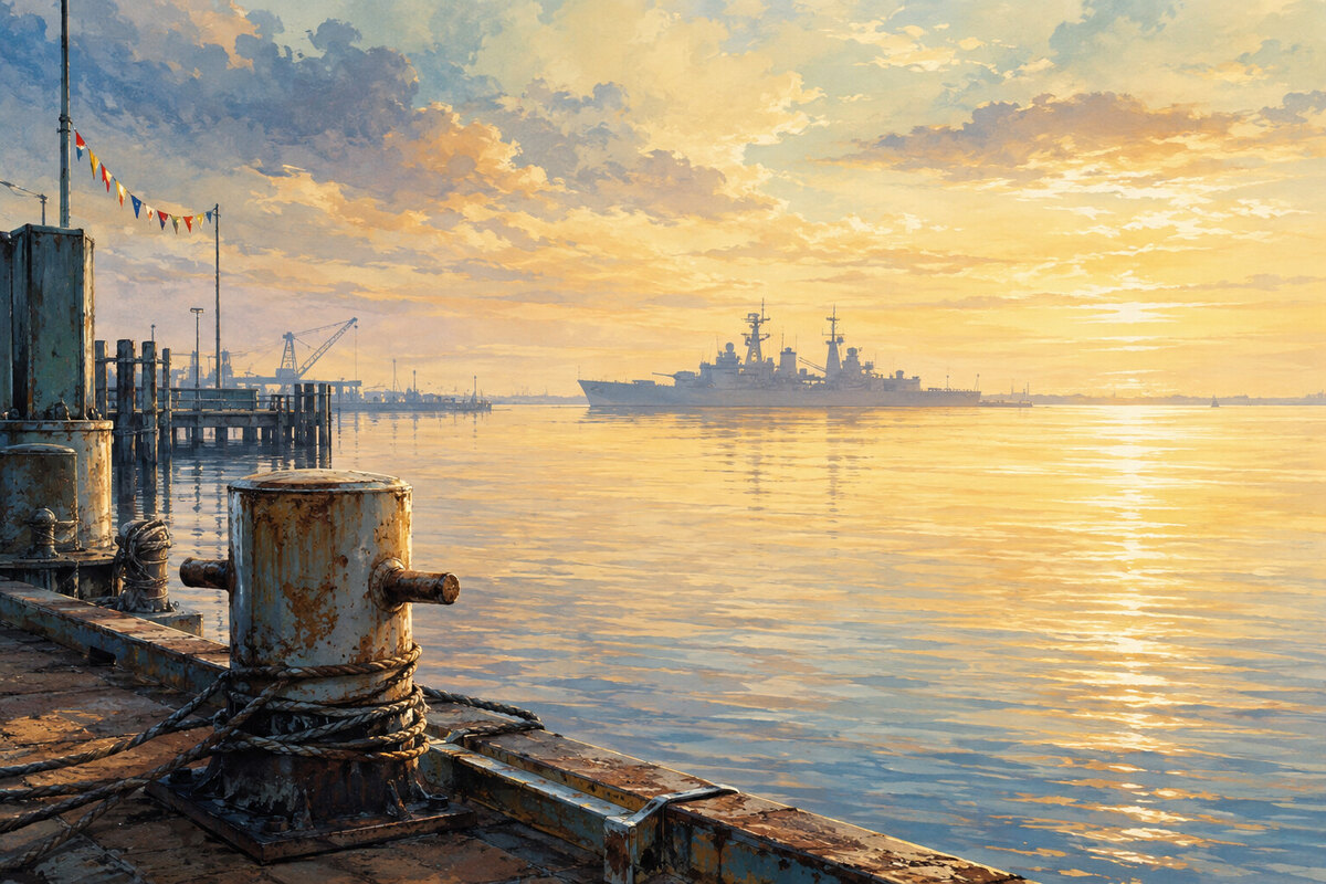 Painterly Mobile Bay morning with naval silhouette and open water
