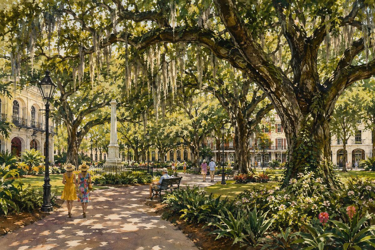 Painterly historic public space and live oaks in Mobile