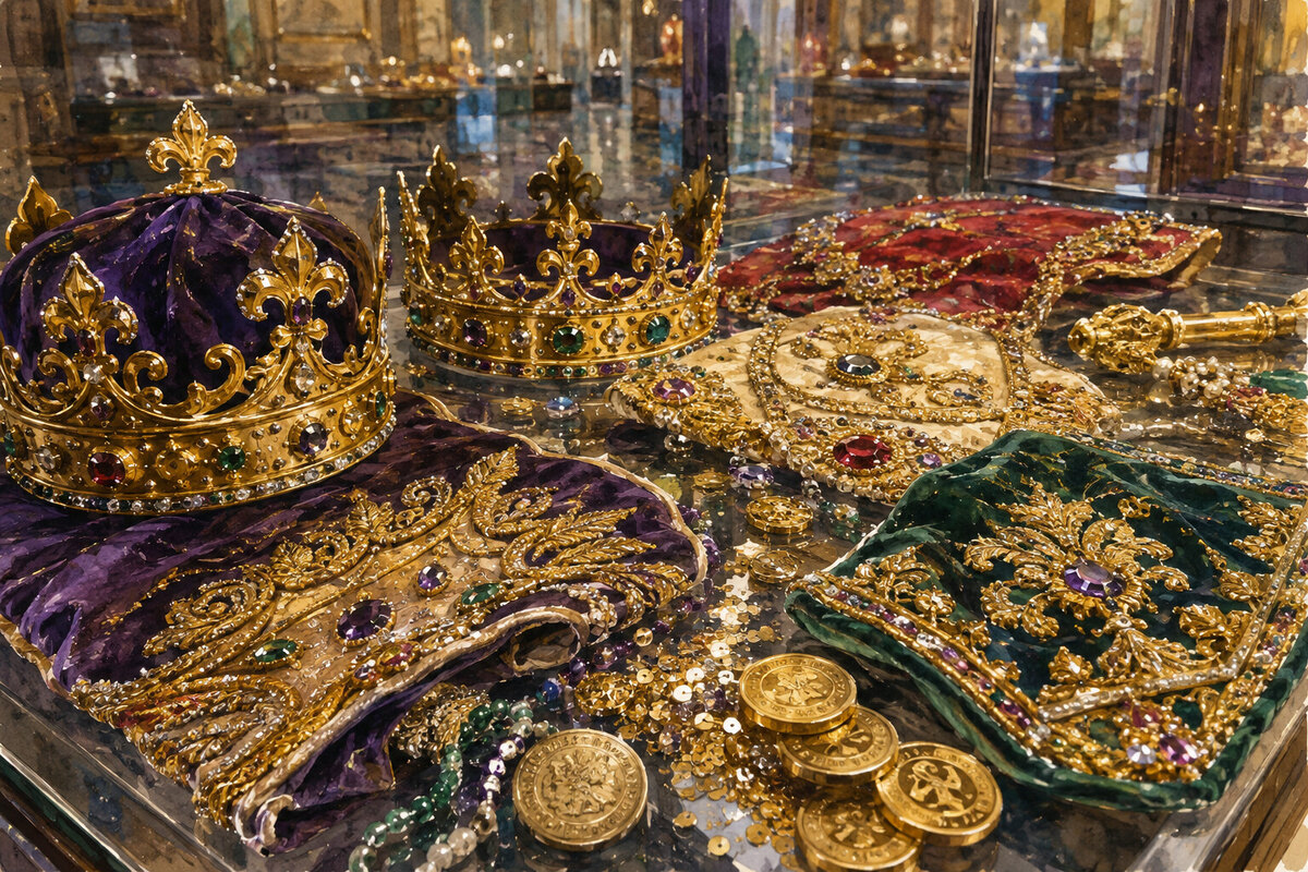 Painterly detail of Carnival regalia and float craft in Mobile