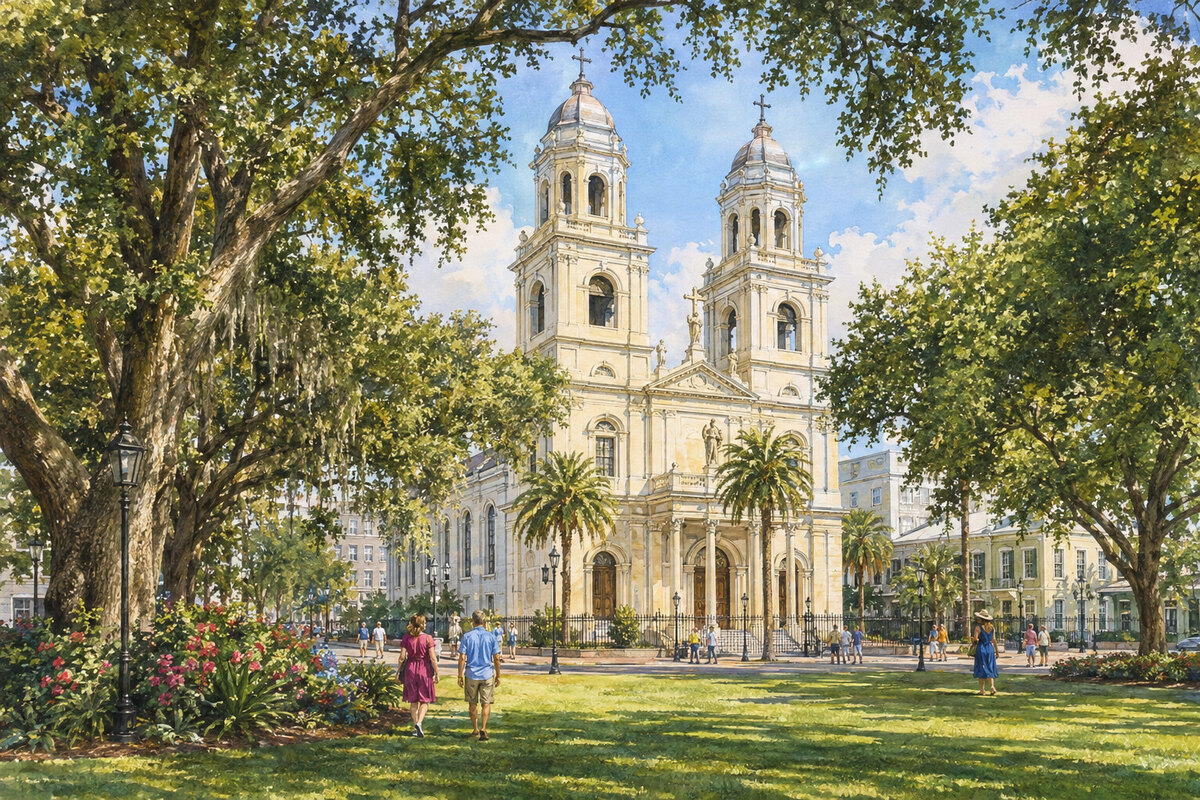 Painterly Cathedral Square and cathedral towers in Mobile