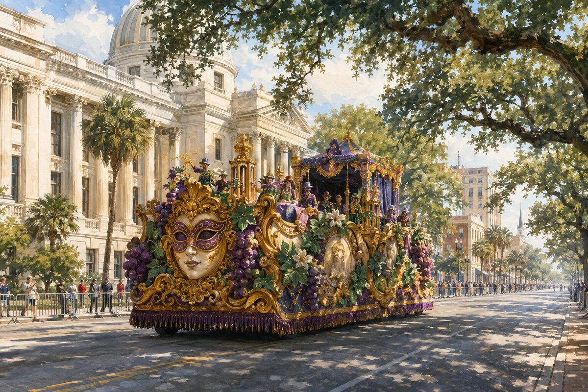 Painterly Mobile street prepared for an evening Carnival procession