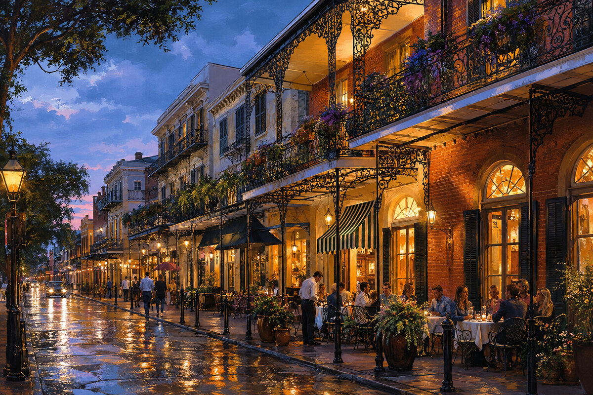 Painterly Dauphin Street balconies and evening light during Mobile Carnival season